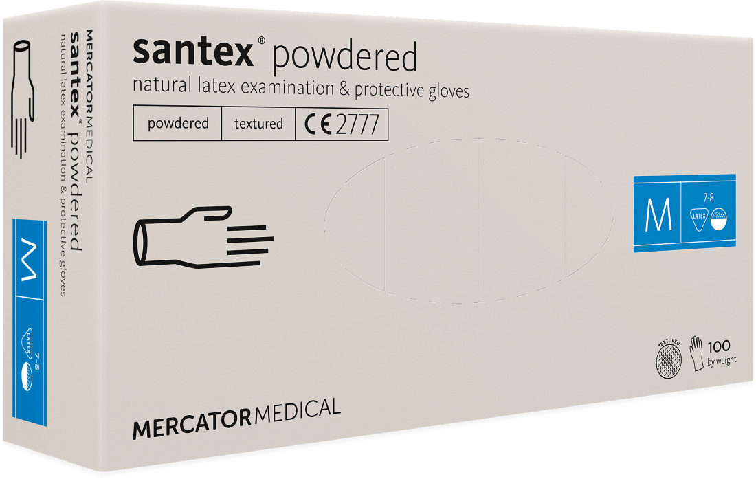 Рукавички латексні оглядові нестерильні припудрені Santex® Powdered, розмір М, Mercator Medical